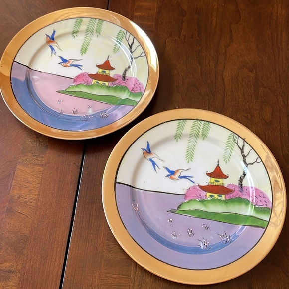 VTG set of 2 lusterware porcelain Japan plates pagoda birds scene - Picture 2 of 10
